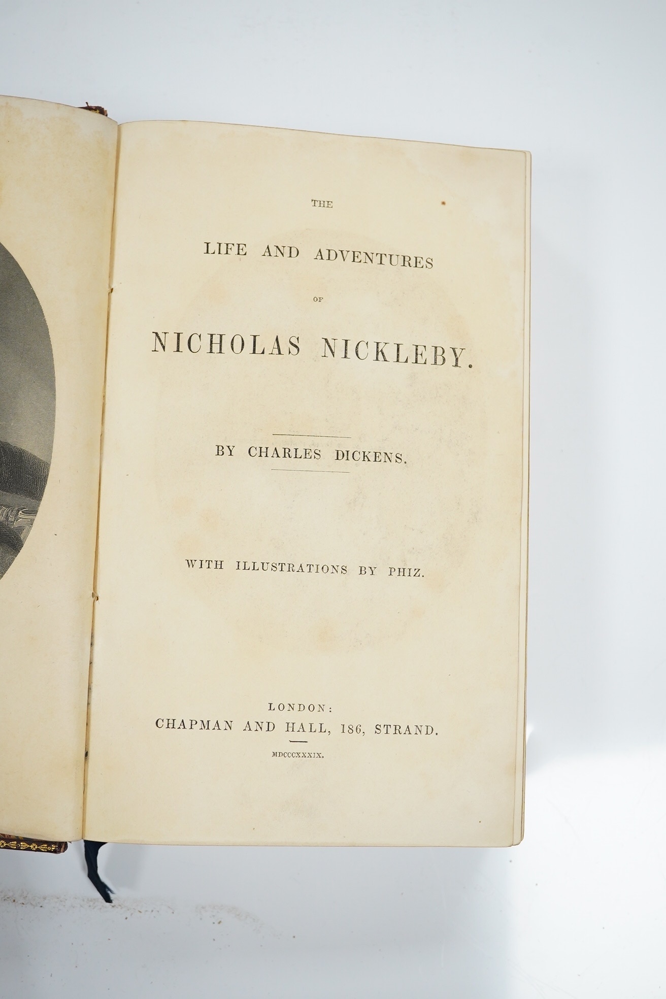 Dickens, Charles - The Life and Adventures of Nicholas Nickleby, 1st edition in book form, with 40 engraved plates including portrait frontispiece, by Phiz (Halbot K. Browne), contemporary bookplate and ownership signatu